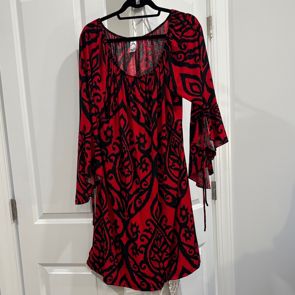 By Together Vibrant Red And Black Patterned Long Sleeve Dress